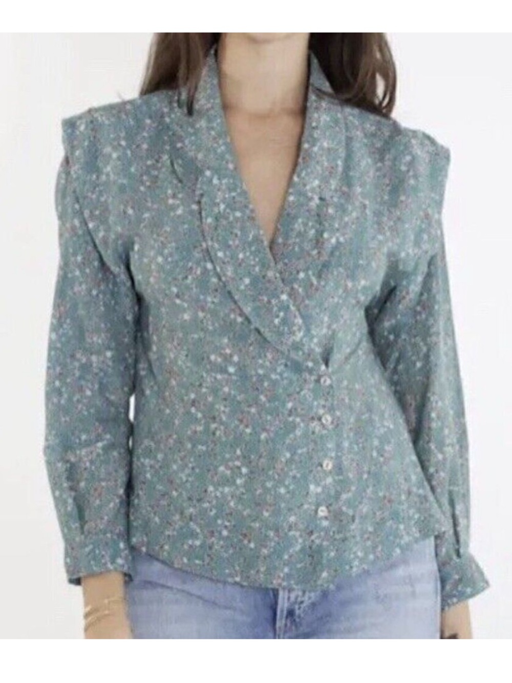Mirth Mendoza Top Cotton Silk Sage Green Floral Notch-Collar Blouse Size medium